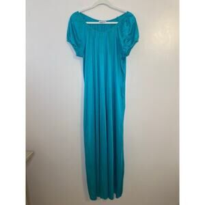 Vintage Womens Vanity Fair Turquoise Maxi Length Nylon Romantic Night Gown Small